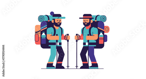 Two Hikers Standing Face to Face Against Black Background Showing Backpacks and Equipment