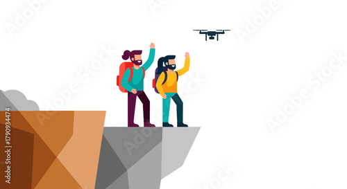 Two Hikers Standing On Mountain Edge Waving At Drone Against Black Background