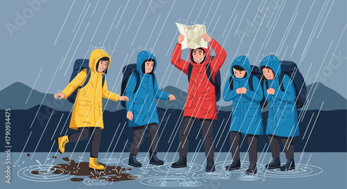 Unforeseen Adventure: Group Navigating Heavy Rainfall During Hike in Illustrated Scene