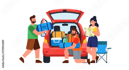 Unpacking For A Camping Expedition: Friends Loading Their Car For An Adventure