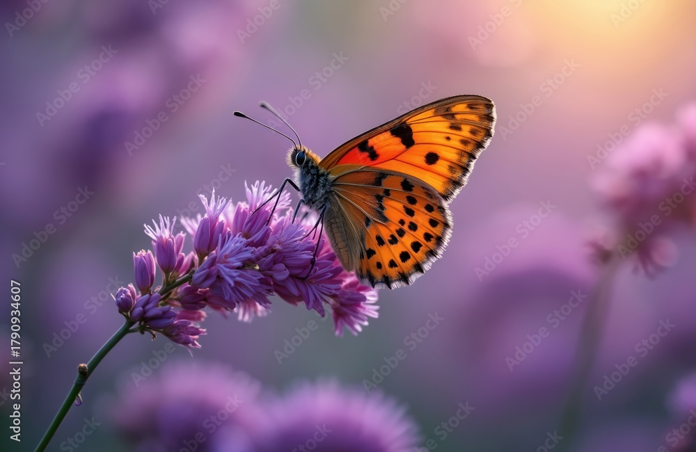 Obraz premium Butterfly sits on violet flower in nature. Orange wing beauty with black spots closeup. Insect in garden, field with purple flowers. Plant with vibrant colours in sunlight. Summer scenic shot.