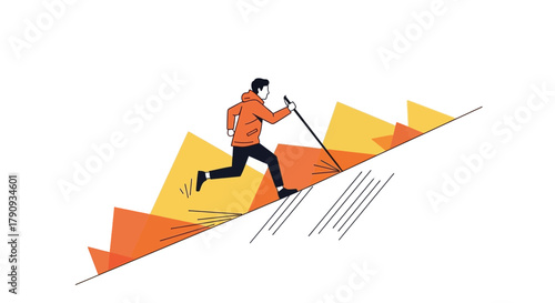 Uphill Running Of A Person With Walking Stick Represents Achieving Success And Ambitions