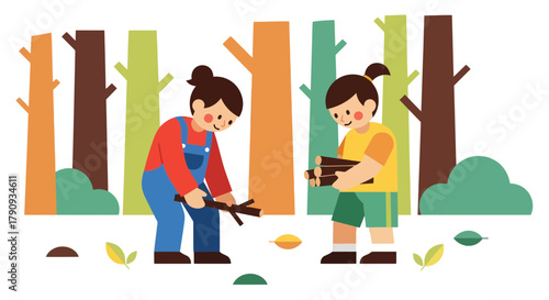 Two Individuals Harvesting Wood in a Forest Clearing Under the Canopy of Trees