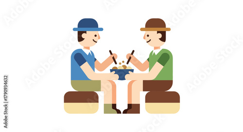Two Individuals Sharing A Meal Together In Whimsical And Vector-Based Illustration