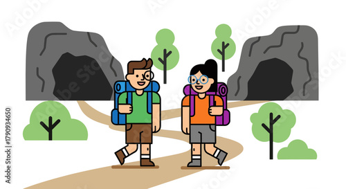 Two Joyful Hikers Ascending A Trail Towards Rocky Formations In A Vector Illustration