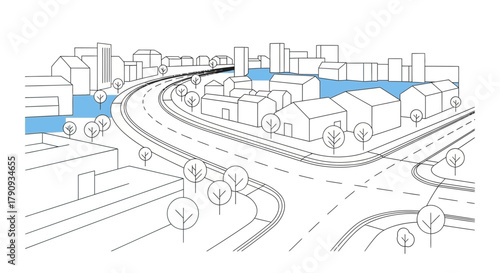 Urban Landscape Depiction: A Minimalist Cityscape With Roads, Buildings, and Trees