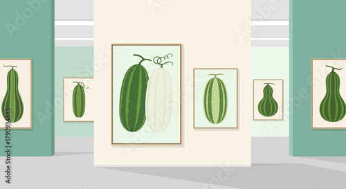Vegetable Art Gallery: A Minimalist Display of Green Cucurbit Botanical Illustrations