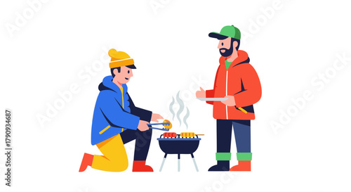 Two Men Grilling Food Outdoors: A Simple Illustration In Flat Design Style