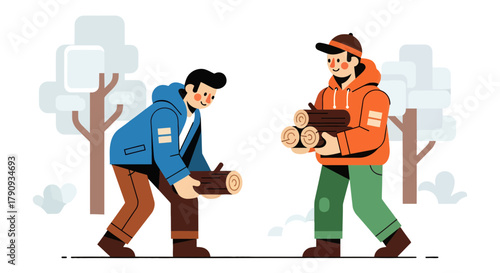 Two Men Gathering Firewood in a Winter Landscape with Trees and Clean Graphic Style