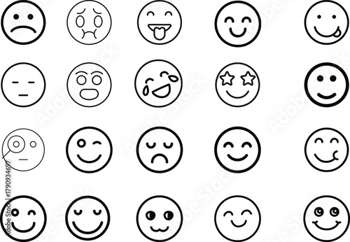 emoji face  Emoticon features emoji faces in   smile, happy, sad, angry, and surprised expressions color, simple line smiley face vector illustration. Doodle Emoji face icon set. Hand drawn sketch sty