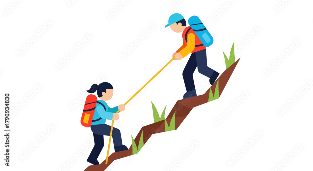 Fototapeta premium Two People Climbing Mountain With Rope Showing Teamwork and Perseverance
