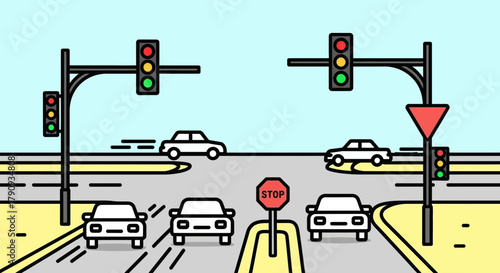 Vehicular Traffic Illustration Showing Stop Signs, Lights, and Roadway Directional Indicators