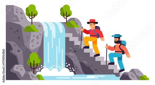 Two People Climbing Up A Rock Stairway Near A Waterfall In A Nature Setting