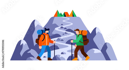 Two People Hiking Through Mountainous Terrain With Colorful Geometric Illustration