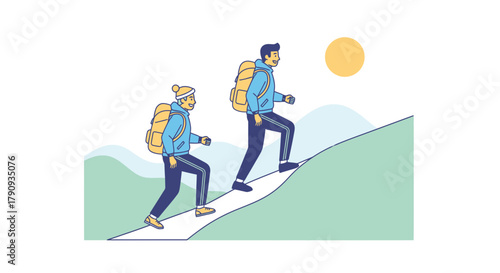 Two People Hiking Up Hill Under Sun, Happy Going to Reach the Top, Sport Vector Illustration