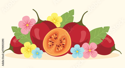 Vibrant Arrangement Featuring Exotic Fruits, Lush Floral Embellishments, and Artistic Composition