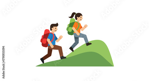 Two People Hiking Upward On Green Hill And Exploring Nature Outdoors Together