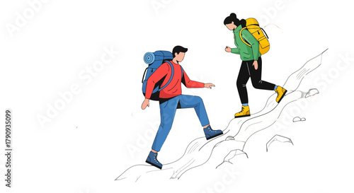 Two People Hiking Up Mountain Illustrated with Dark Background and Bright Colors Imagery