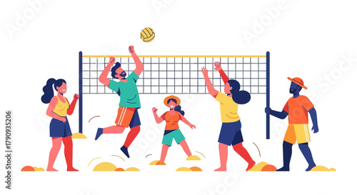 Vibrant Beach Volleyball Match Illustration Depicting Summer Fun and Athleticism on Black Background