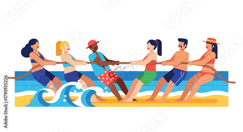 Vibrant Beachside Tug-Of-War: Energetic People Competing in a Summer Competition