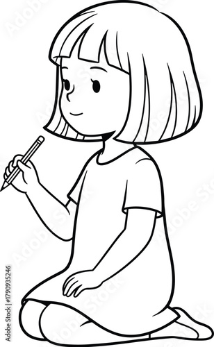 A girl is drawing a diamond with a pencil, a simple and cute illustration for childrens books or educational materials