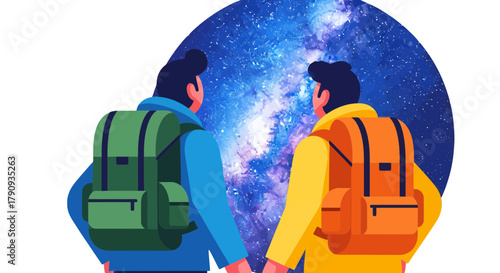 Two Travelers Observing Cosmic Wonders with Backpacks Admiring The Galactic Spectacle