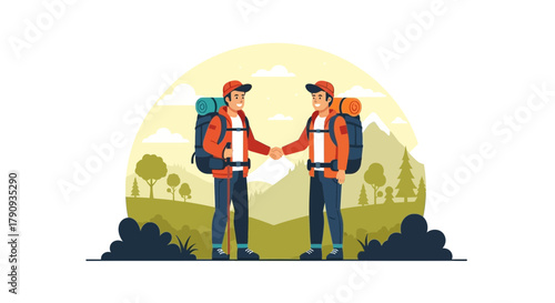 Two Travelers Shaking Hands at the Foot of a Mountain in a Sunlit Landscape