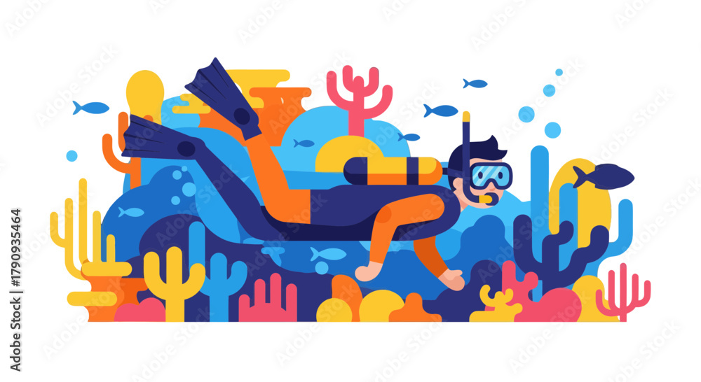 Fototapeta premium Vibrant Diver Exploring Colourful Coral Reef in Bold, Geometric, and Abstract Illustration