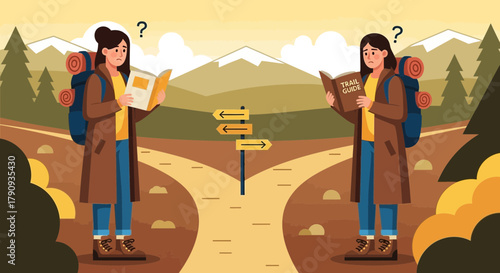 Uncertain Hiker Seeking Guidance at Trail Junction, Pondering Direction and Path