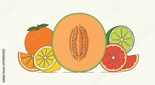 Vibrant Citrus Fruits Illustrated in Vector Style on a Single Plain Background