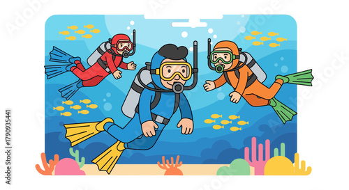 Underwater Adventure With Scuba Divers Exploring The Aquatic World, Cartoon Illustration