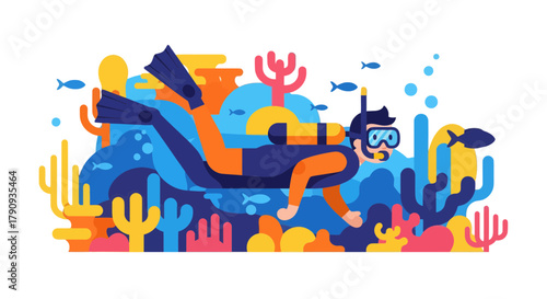 Vibrant Diver Exploring Colourful Coral Reef in Bold, Geometric, and Abstract Illustration