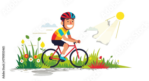 Vibrant Cyclist Enjoying Sunny Day Pedaling Through Colorful Landscape Joyfully
