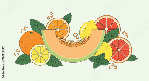 Vibrant Composition Of Fresh Fruits Featuring Citrus Slices, Elegant Designs, And Greenery