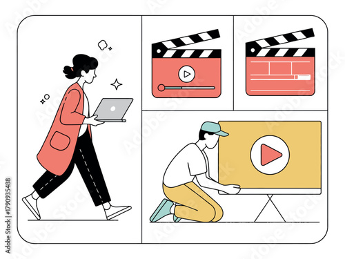 Creative professionals collaborate on a digital media project using laptops and screens