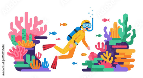 Vibrant Diver Exploring Colourful Reefs And Marine Life Amongst Tropical Oceans