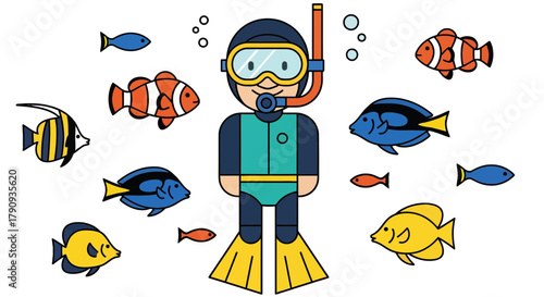Underwater Diver With Fish Swimming Around Depicting Marine Life Illustration