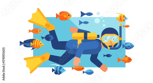 Underwater Diver With Aquatic Fauna Illustration, Exploring Ocean Life, And Fins On