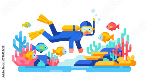 Underwater Exploration: A Colorful Illustration Of A Diver And Vibrant Marine Life