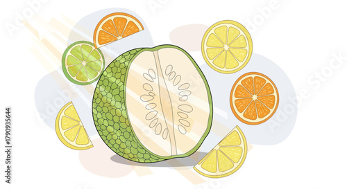 Vibrant Fruit Illustration Showcasing Fresh Produce with Citrus Fruits and Exotic Jackfruit