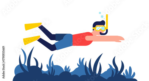 Underwater Exploration: A Colorful Illustration of a Diver in the Deep Ocean