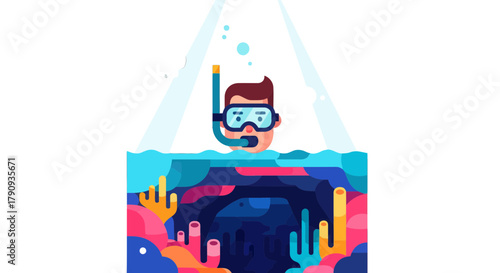 Underwater Exploration: A Colorful Illustration of a Diver Discovering the Depths