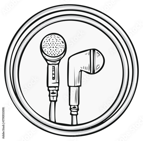Retro microphone and earbud in a circle line drawing illustration