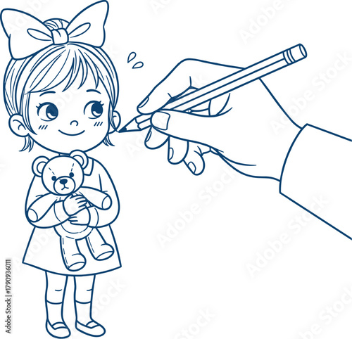 Delightful sketch a hand drawing a sweet girl with a teddy bear on graph paper, evoking a sense of nostalgia and artistic expression
