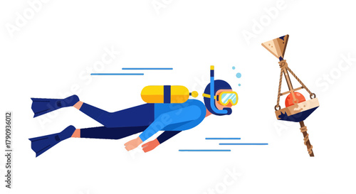 Underwater Exploration: A Scuba Diver Navigating By A Floating Marker Vector Illustration