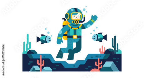 Underwater Exploration: A Stylish Diver Enjoying The Ocean Depths And Friendly Fish