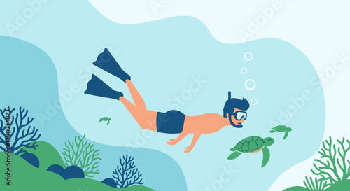 Underwater Exploration: A Snorkeler's Delight Amidst Playful Marine Turtles and Coral Reef