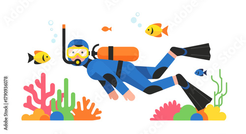 Underwater Exploration: A Stylish Diver And Vibrant Sealife Against Black Background.