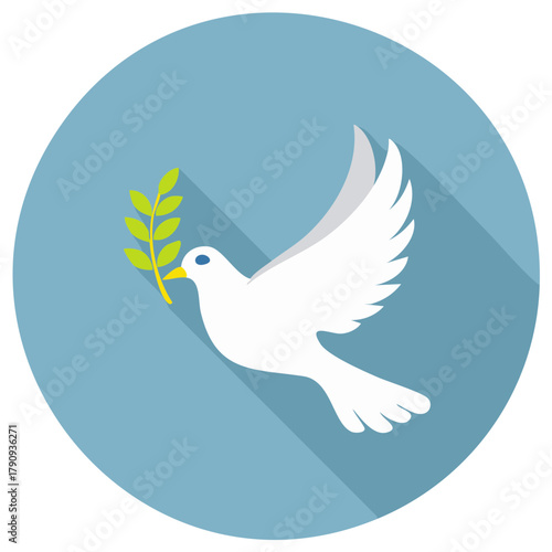 Dove with Olive Branch Flying Peacefully Symbolic of Harmony on a Blue Button