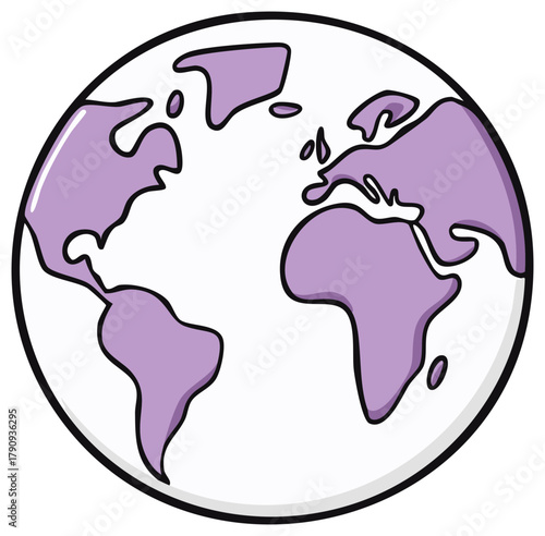 Stylized Earth Globe Illustration Showing Continents in Lavender, Cartoon Drawing of World Map for Design Elements and Global Concepts